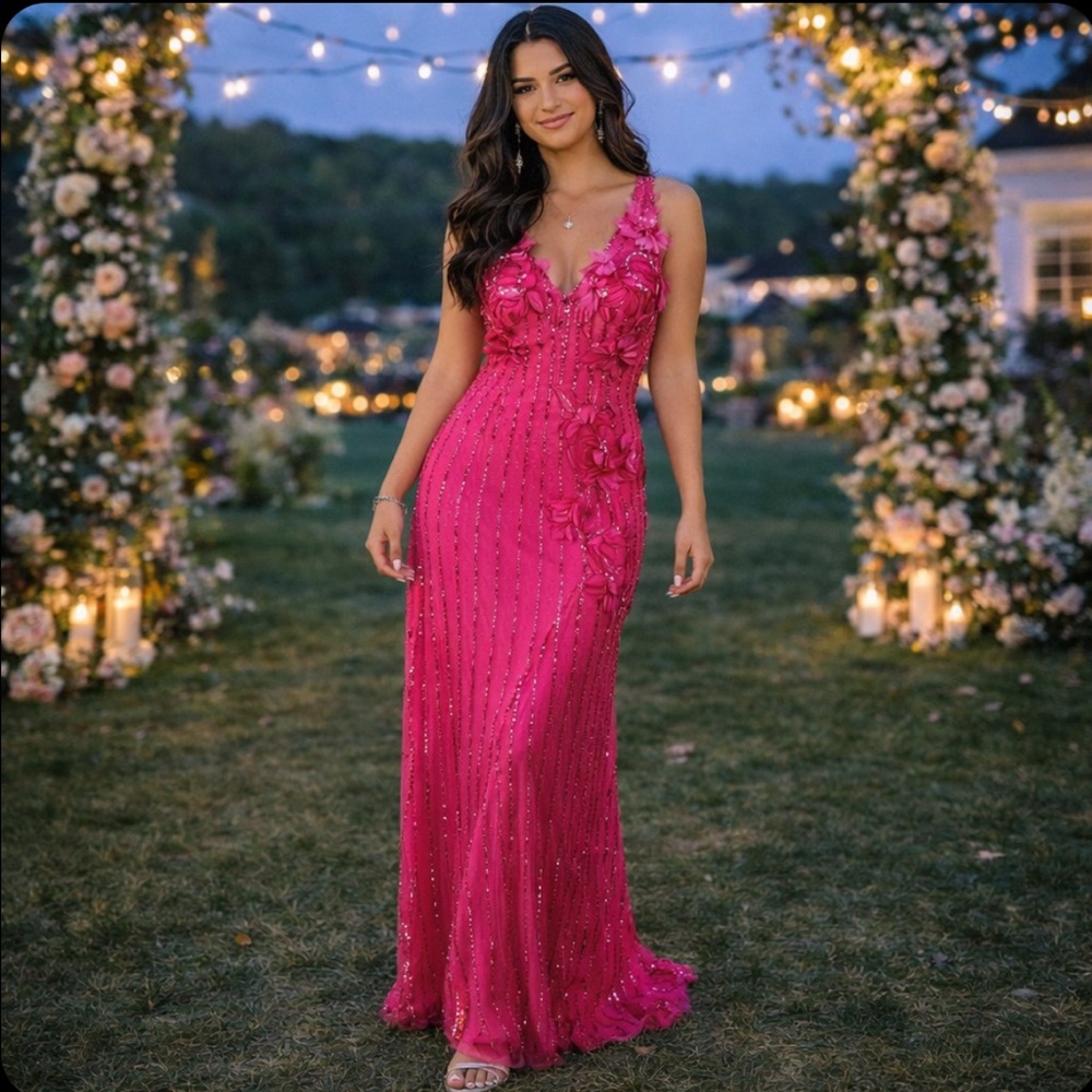 Hot Pink Floral Sequined Prom Gown - Picture 3 of 16